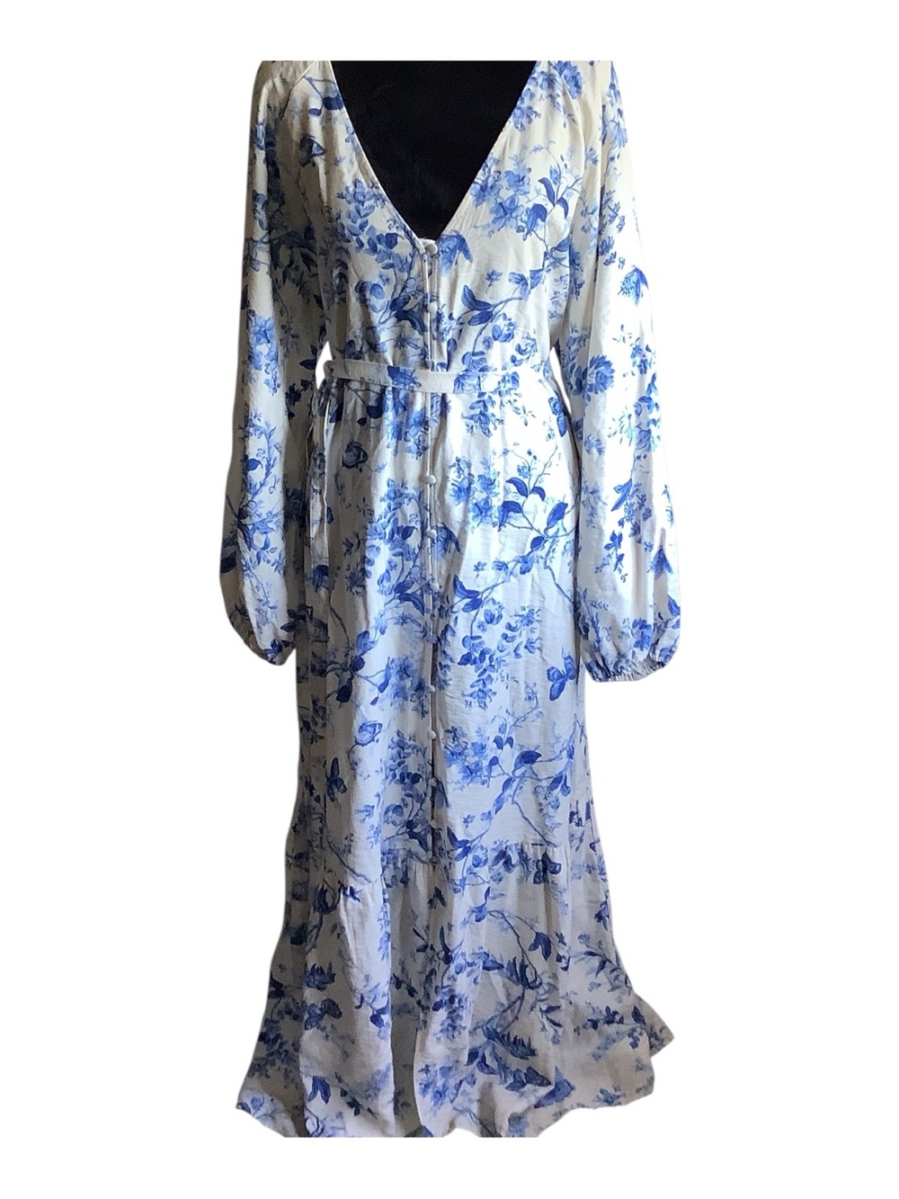 H&M Ivory White Blue Floral Butterfly Maxi Kaftan Dress Size M - Picture 2 of 9